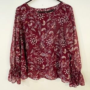 White House Black Market Burgandy and White Ruffled Sleeve Blouse